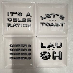 Pfaltzgraff Celebration Set of 4 White square Ceramic Quote Plates cheers laugh
